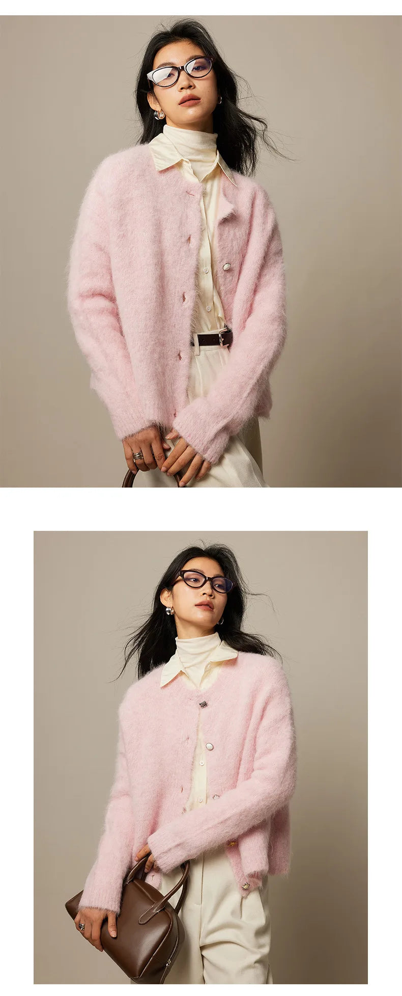 Winter Alpaca Wool Knitted Cardigan Women Soft Round Neck Single Breasted Loose Button Sweater Coat