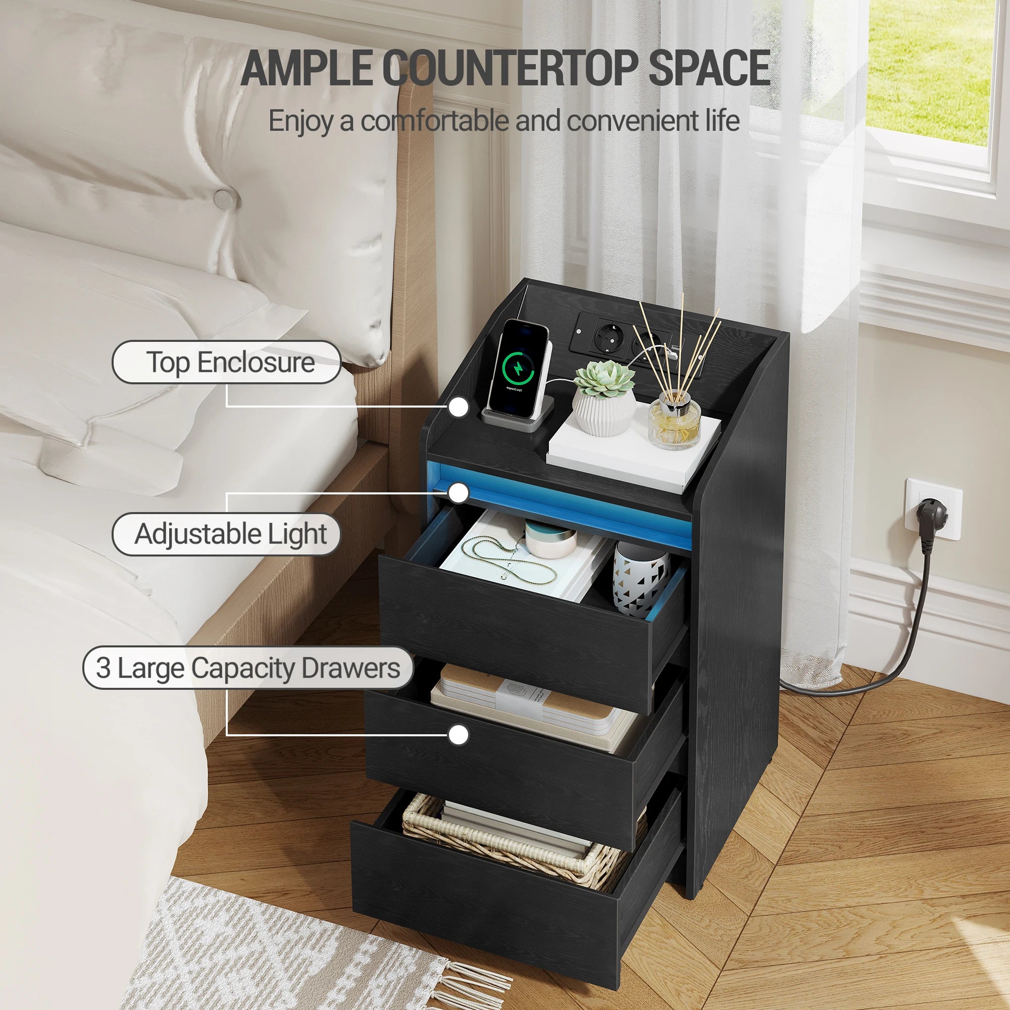 Hzuaneri Table de chevet avec 3 tiroirs, table d'appoint avec station de recharge et LED, 2 prises CA et 2 ports USB pour le salon