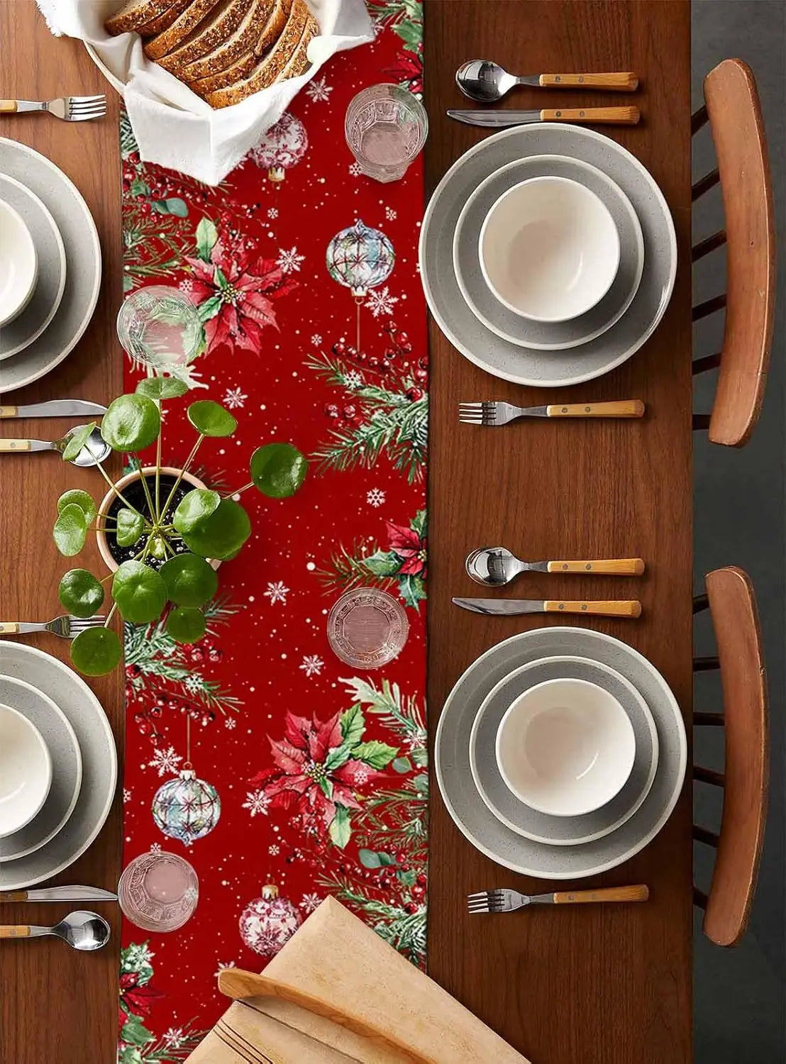 Merry Christmas Poinsettia Flower Ball Linen Table Runner Party Decor Winter Snowflake Berry Table Runners Christmas Decorations