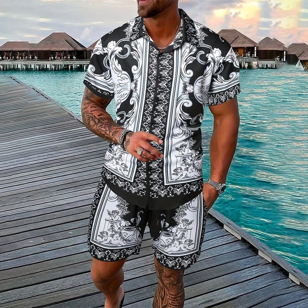 Vacation Men's 2-Piece Outfits Vintage Button Down Short Sleeve Shirt And Shorts Set Elastic Waist Shorts Short Sleeve Shirts