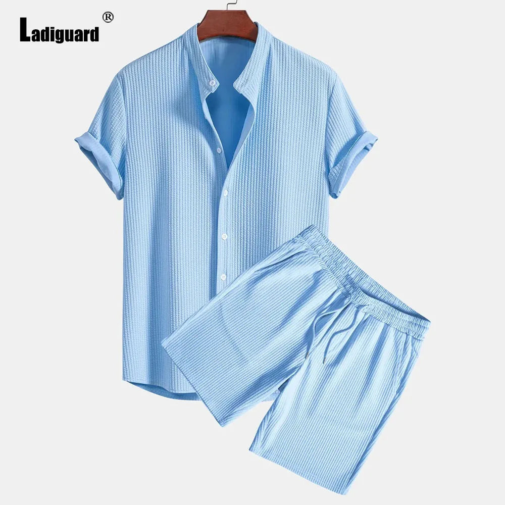Men Casual Knitted Two Piece Sets 2024 Europe Style Mandarin Collar Blouse and Solid Basic Shorts Suit Male Beach Tracksuits Set