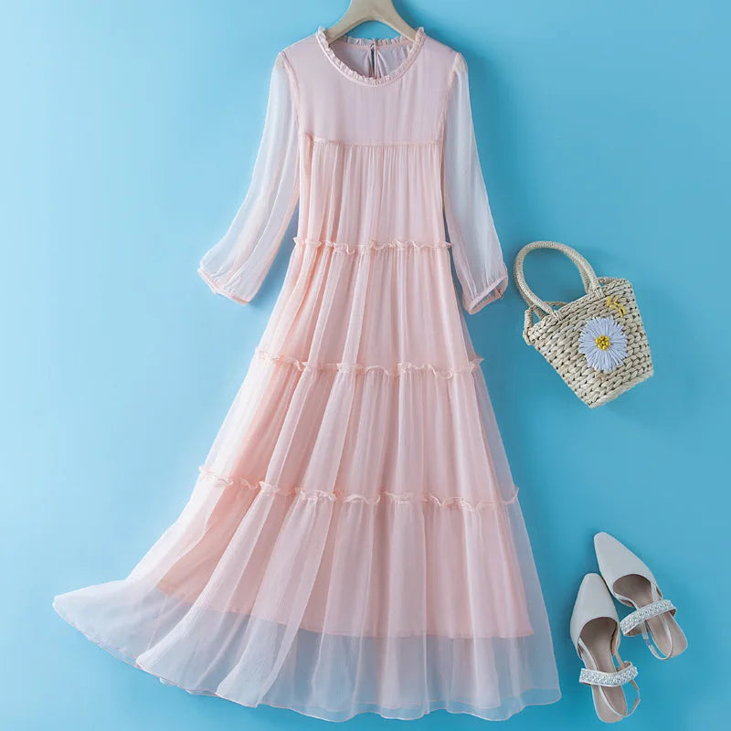 Winsleter, 100%Real Silk Elegant Dresses, Women Half Sleeve ONeck Ruched, Beach Vacation OL Dress, 2024 Summer Autumn D46910QM