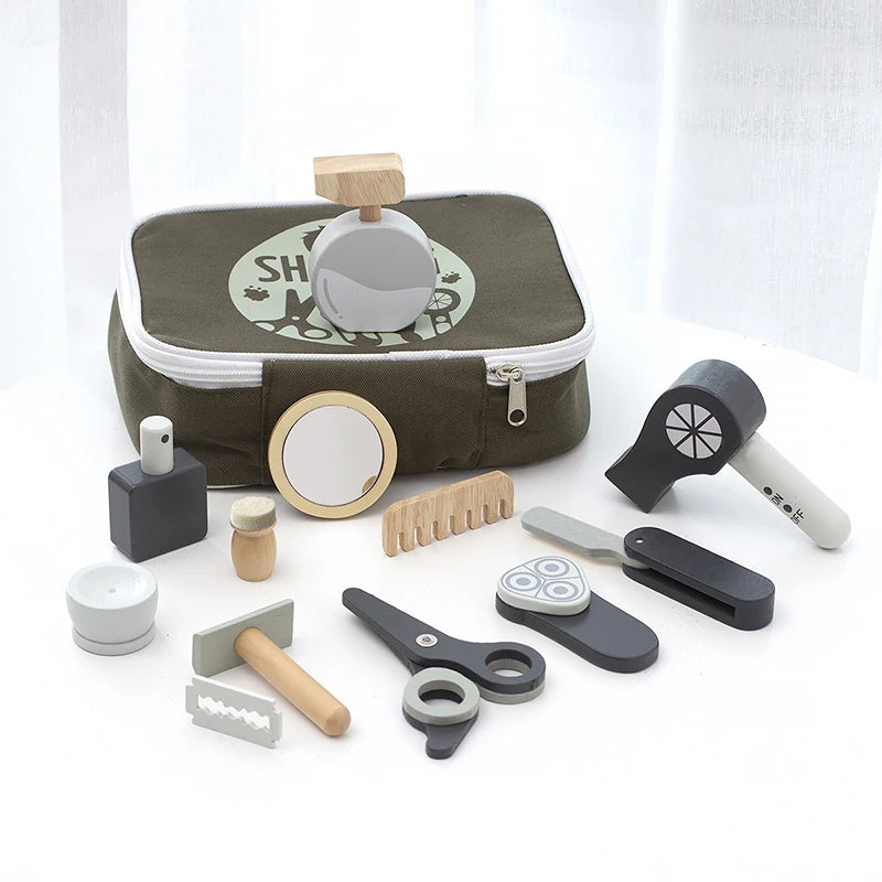 Kids Wooden Makeup Haircut Toy Beauty Fashion Salon Playset Games Combs Hair Dryer Pretend Play House Barber Makeup Kit Girl Toy