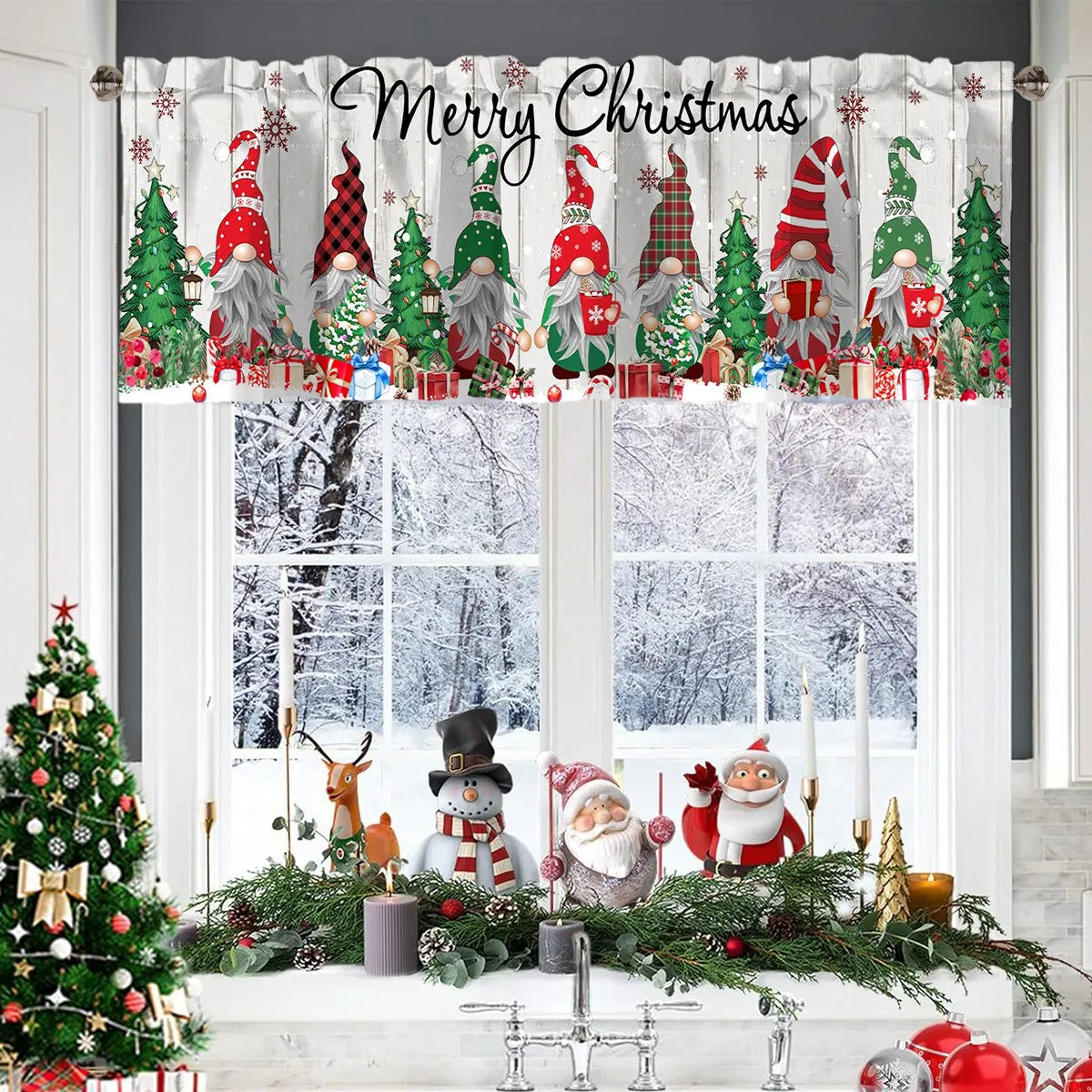 Christmas Short Curtains Valances Christmas Decorations for Home 2025 Xmas Ornaments Windows Treatments for Kitchen Bathroom