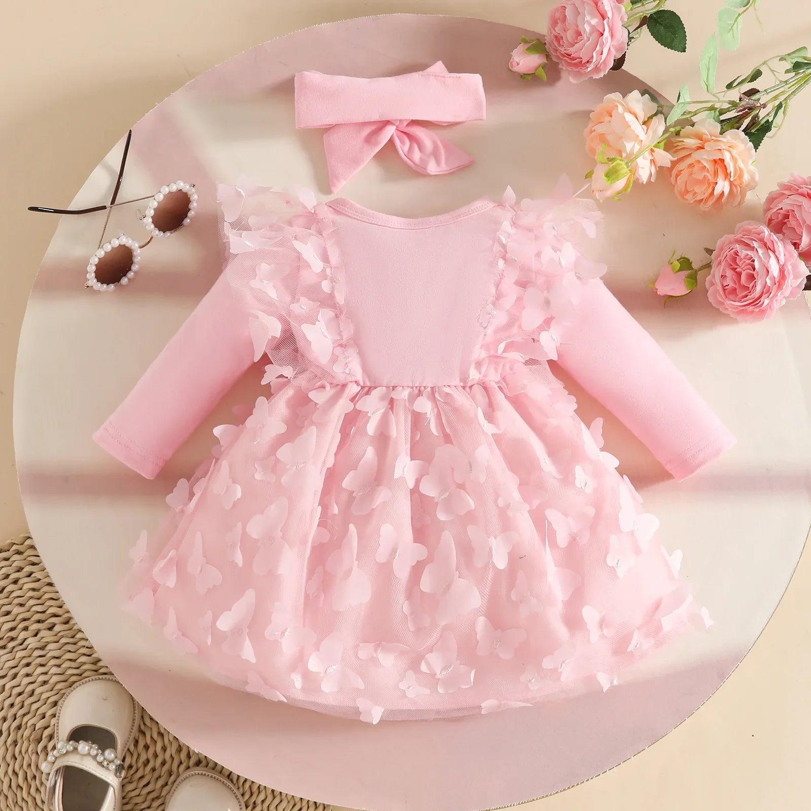0-2Y Baby Girl Clothes 2Pcs Set Butterfly Tulle Patchwork Bow Baby Dresses for Newborn Girls and Headband Princess Party Outfit