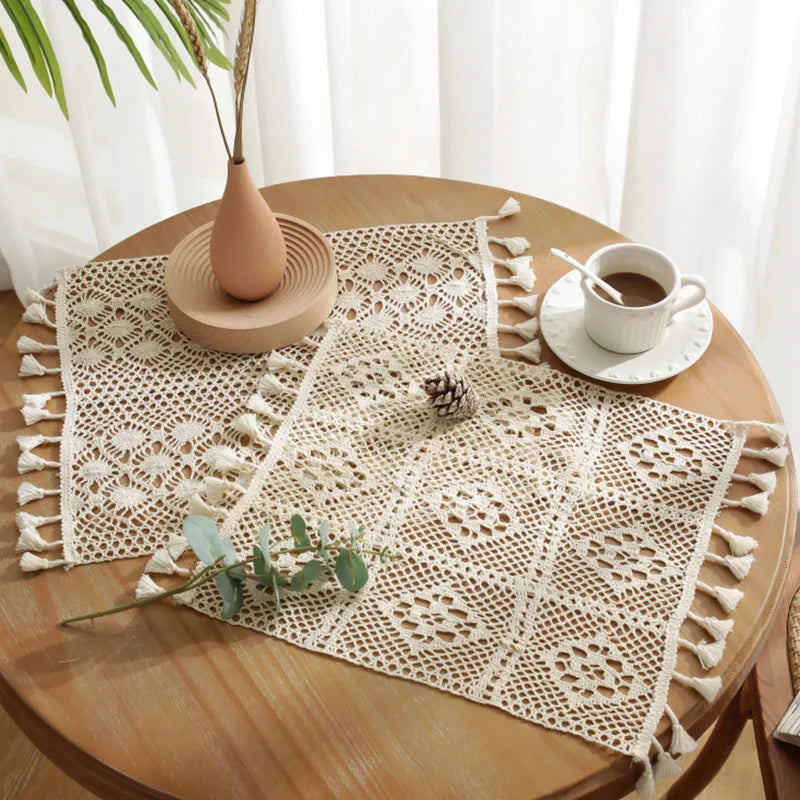 Boho Beige placemats, Vintage Farmhouse Bohemian Crochet Macrame placemats for Wedding Party Coffee Dining Table Decor