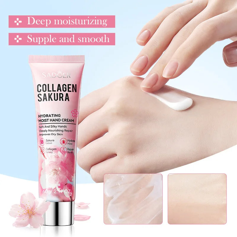 SADOER Sakura Collagen Hand Cream Moisturizing & Nourishing, Brightening Care, Anti-Wrinkle Anti-Crack Cream for Hands 60G