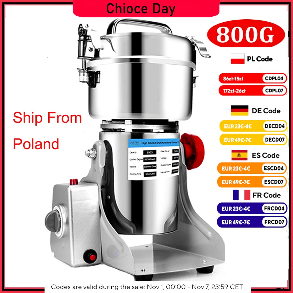 Parts Free Big Capacity 800G 3000W Herb Grinder Coffee Machine Grain Spices Mill Medicine Wheat Mixer Dry Food Grinder