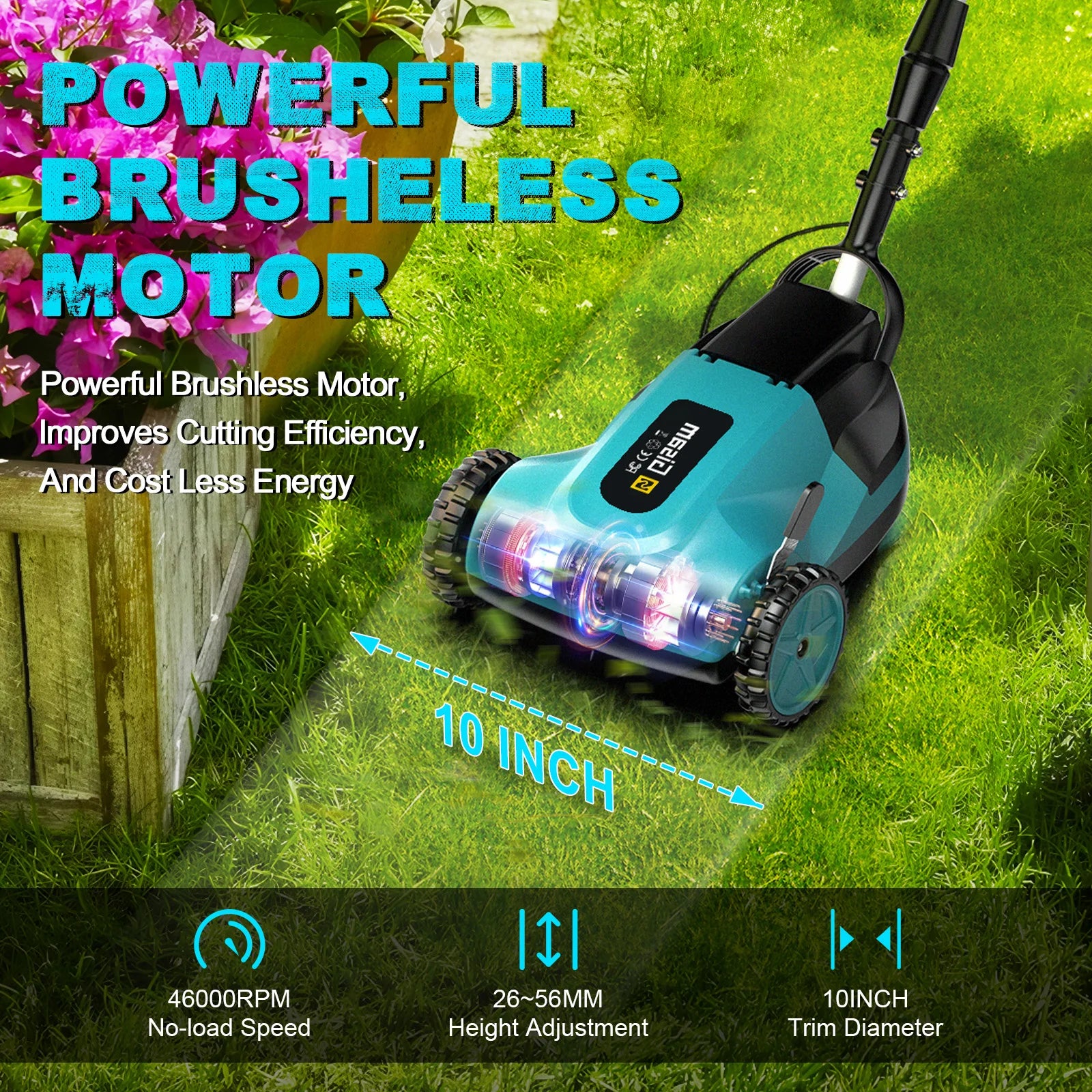 Gisam 10Inch 46000RPM Brushless Electric Lawn Mower Cordless Grass Trimmer Garden Landscaping Cutter For Makita 18V Battery Pin