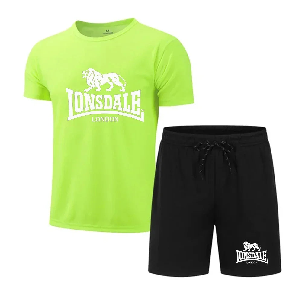 Men's summer T-shirt+shorts mesh set Lonsdale printed quick drying breathable sports set short jogging gym casual sportswear