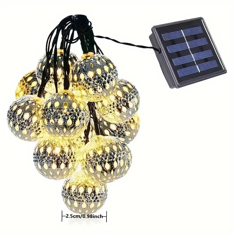 Solar Moroccan String Lights Metal Spherical Outdoor Fairy Lights for Christmas, Thanksgiving, New Year, Valentine's Day
