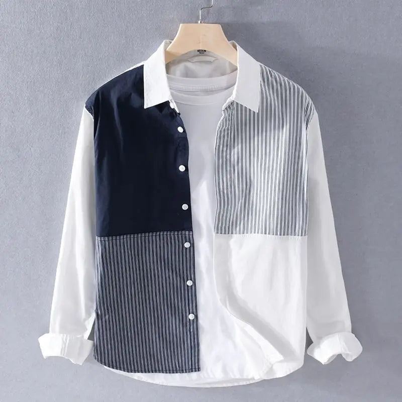 Spring Autumn New Fashion POLO Collar Long Sleeve Patchwork Men's Clothing Blouse Color Blocking Striped Korean Single Shirts