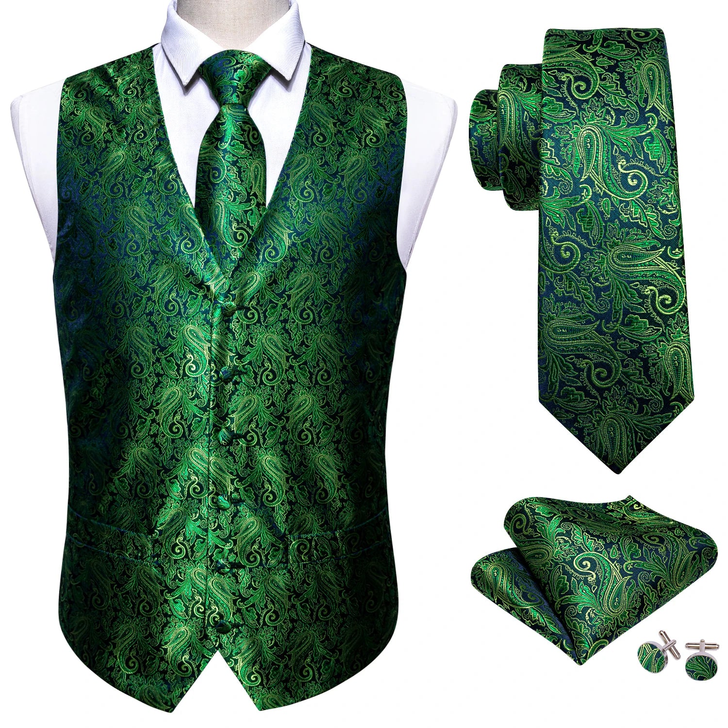 Elegant Vest for Men Silk Green Paisley Plaid Flower Slim Fit Male Suit Embroidered Waistcoat Dress Formal Jacket Barry Wang