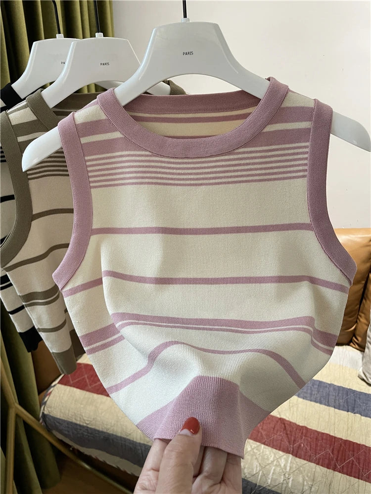 New Fashion Blocking Korean Style Crop Tops Knitted Striped Vest Women's Sleeveless Round Neck Versatile Tank Tops Ladies Basic