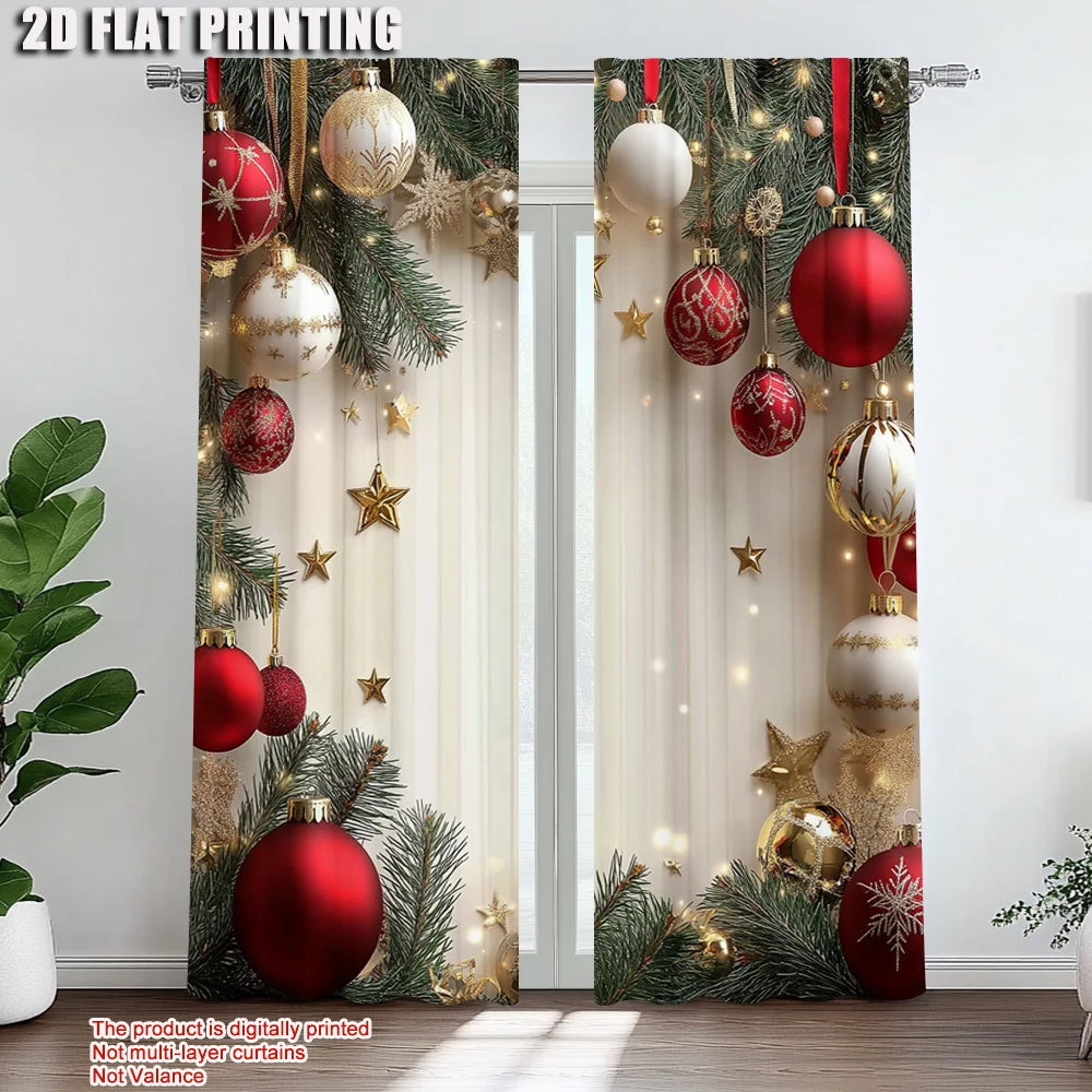 2Pcs Festive Golden And Red Ball Pine Leaves Design Christmas Window Curtains Polyester Rod Pocket Design For Living Room