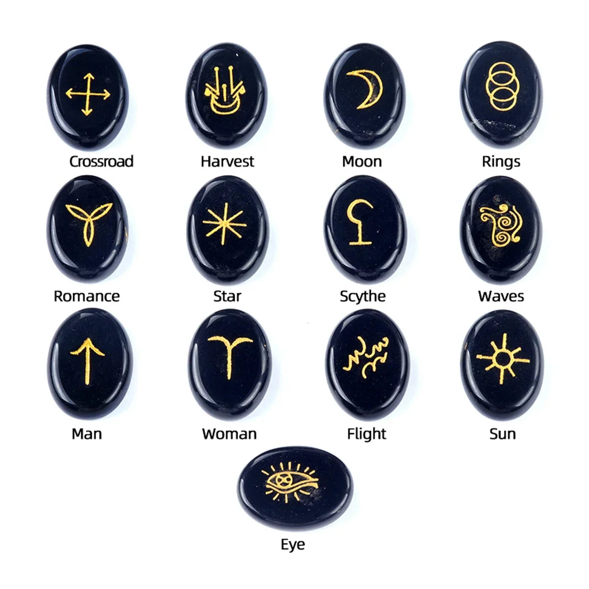 13pcs Witch Runes Natural Crystal Beads Onyx Semi-Precious Carved Ruini Lune Runes Set Decorative Reiki Jewelry Accessories Gift