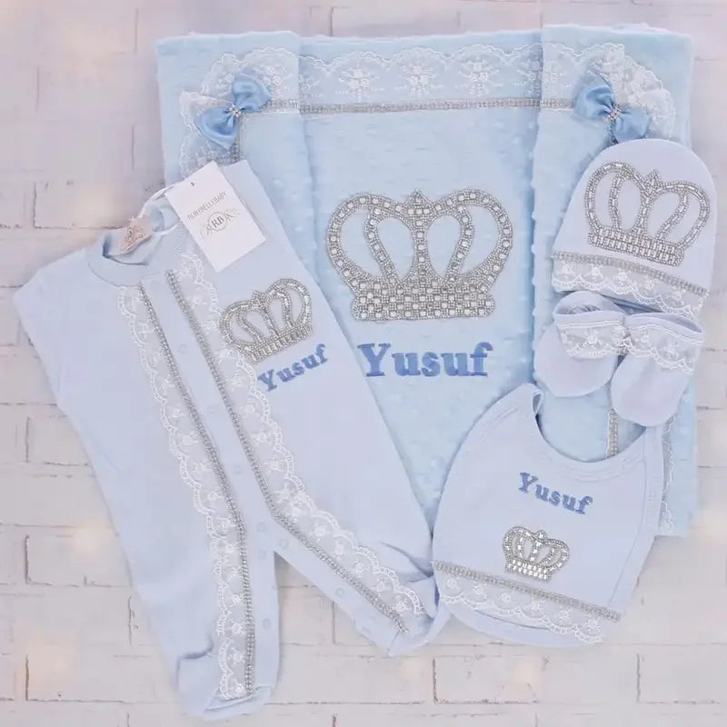 Customized Baby Name Newborn Pink Crown Jewels Gift Set 3pcs Outfits Pajamas Receiving Blanket Welcome Home Ceremonial dress