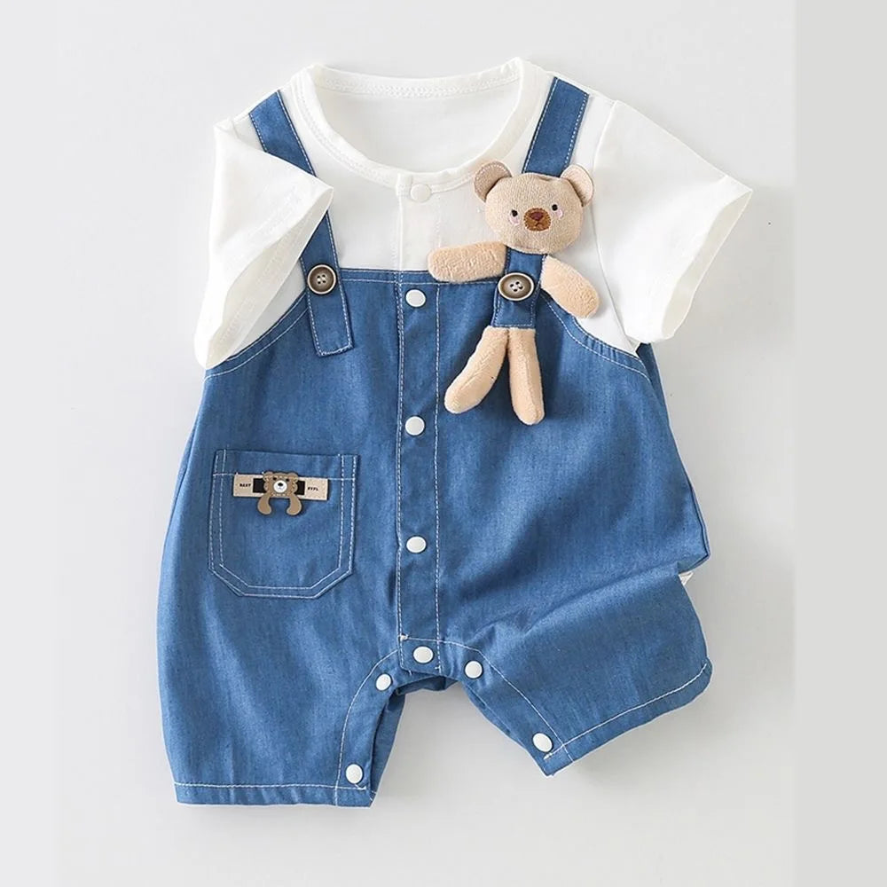 Baby Denim Overalls Romper – Thin Summer Jumpsuit with Bear Print, Cute Crawling Outfit for Boys & Girls 0-24 Months
