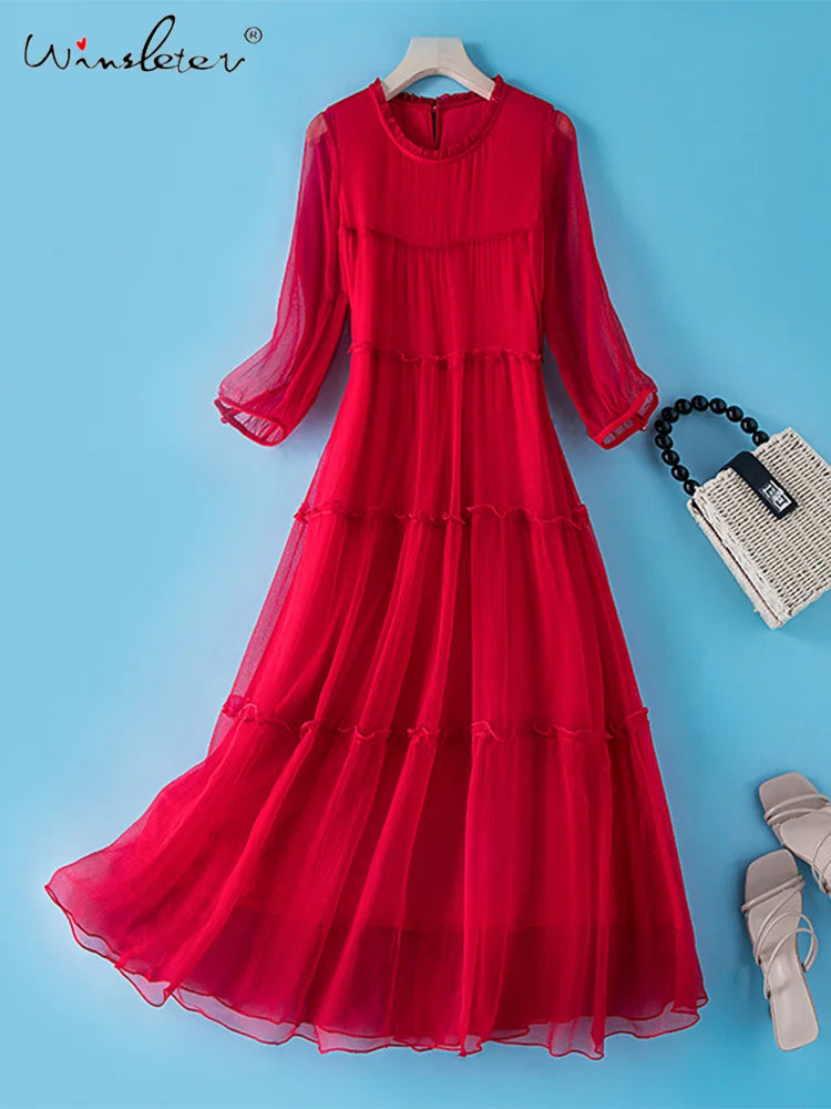 Winsleter, 100%Real Silk Elegant Dresses, Women Half Sleeve ONeck Ruched, Beach Vacation OL Dress, 2024 Summer Autumn D46910QM