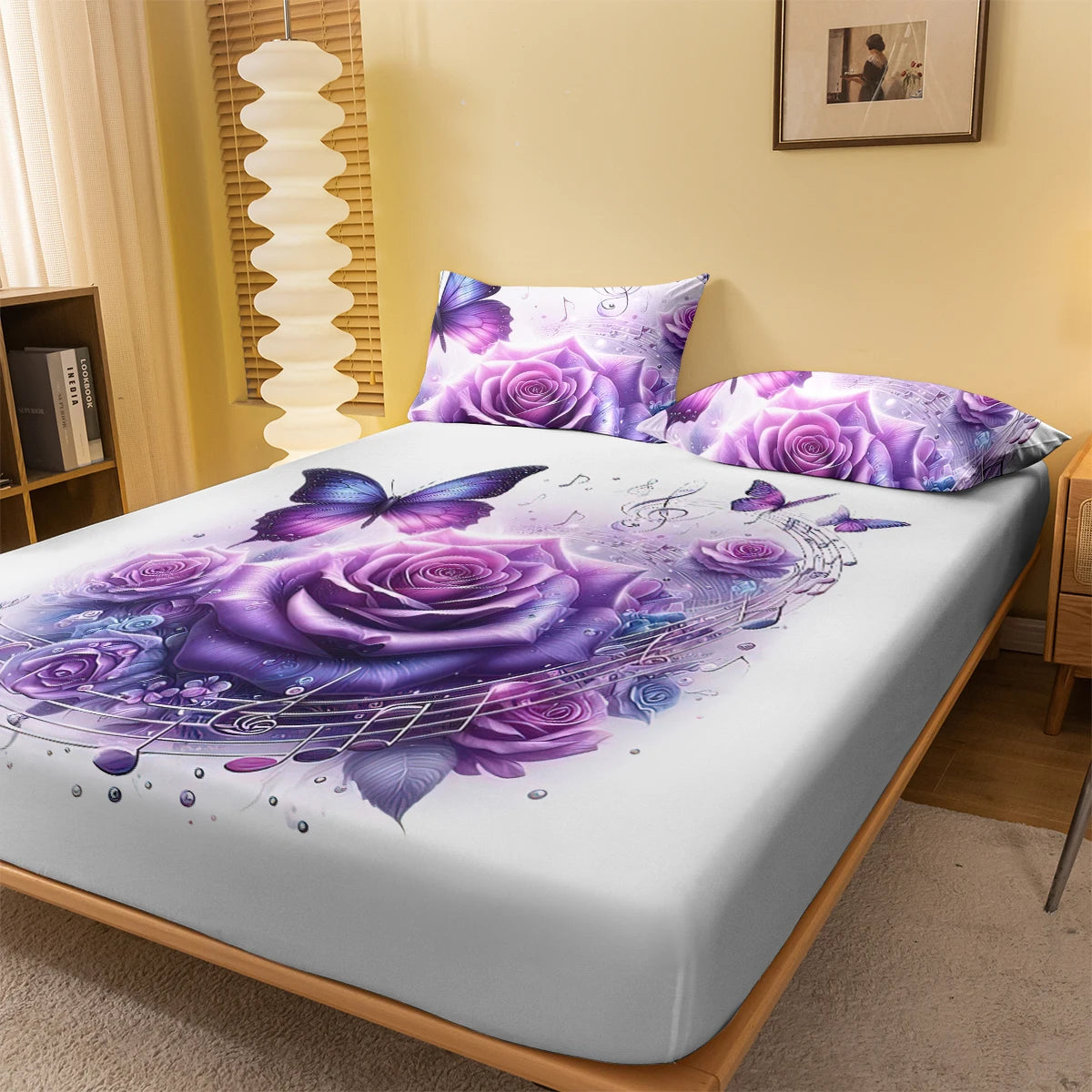 1 Simple modern Plant Flower Purple Rose digital printed frosted Fitted Sheet,bedroom printed bed cover,bedding(No pillowcase)