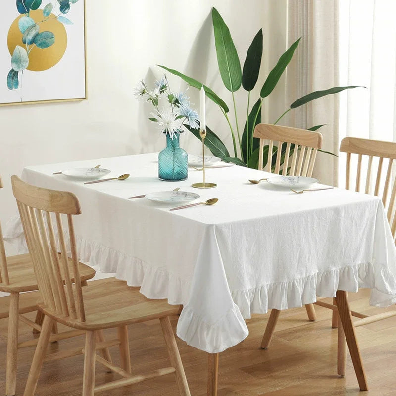 Solid Color Ruffled Tablecloth Cotton Rectangular Square Table Cover Decoration for Kitchen Dinning