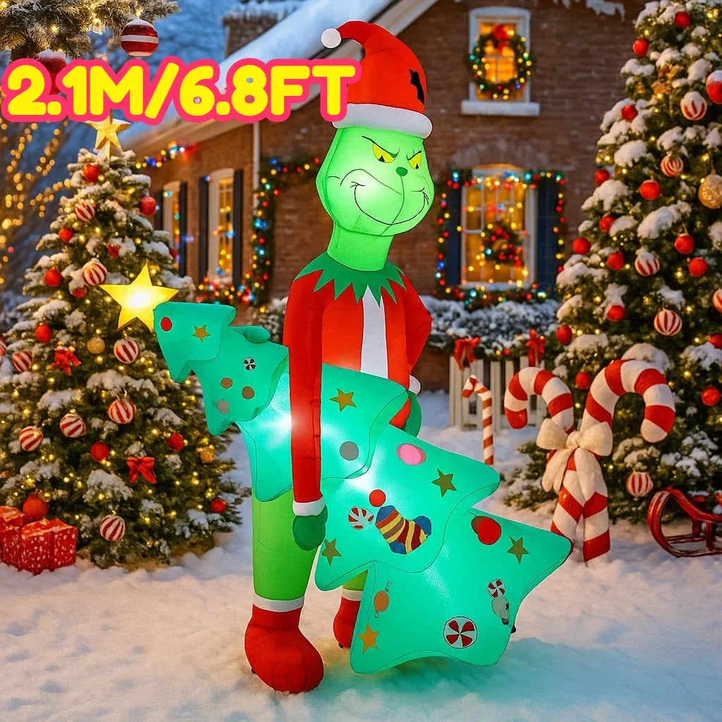 2.1M/6.8FT Christmas Decorations Inflatable Toy Grinch Holding Christmas Trees Home Yard LED Light Decor Christmas Party Toy