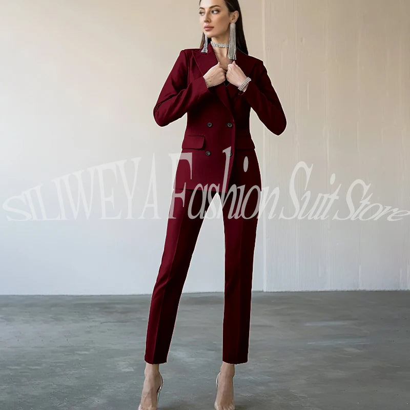 Fashion Chic Burgundy Red Purple Women Suit Double Breasted 2 Piece Jacket Pants Blazer Set Slim Fit Office Lady Female Clothing