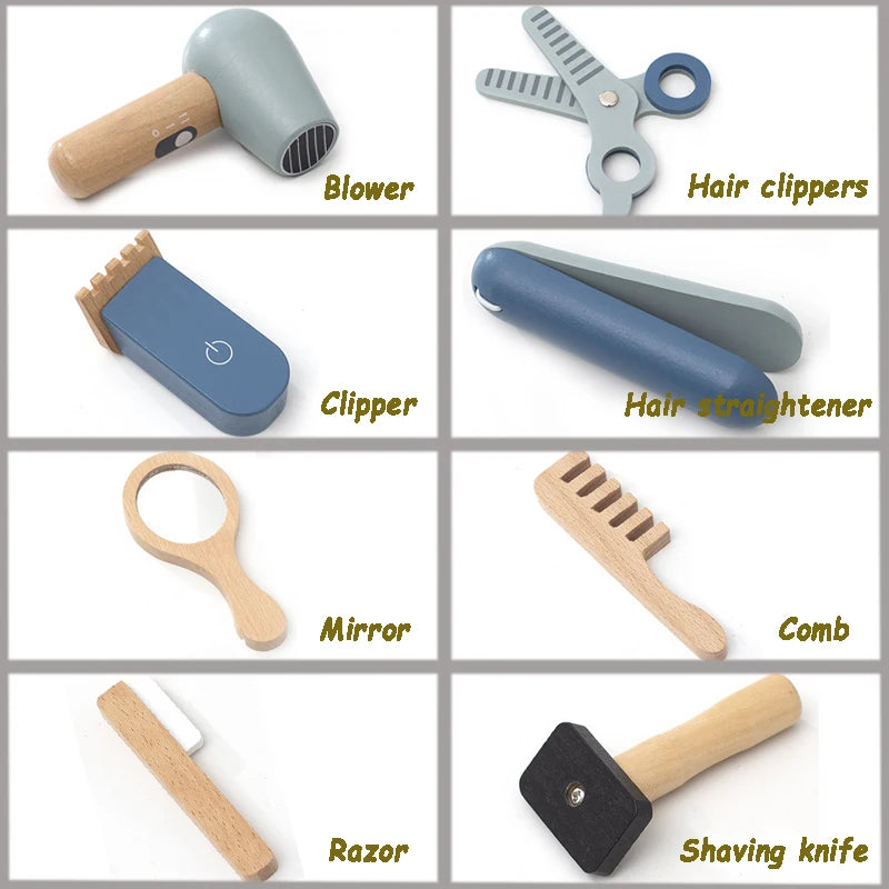 Kids Wooden Makeup Haircut Toy Beauty Fashion Salon Playset Games Combs Hair Dryer Pretend Play House Barber Makeup Kit Girl Toy
