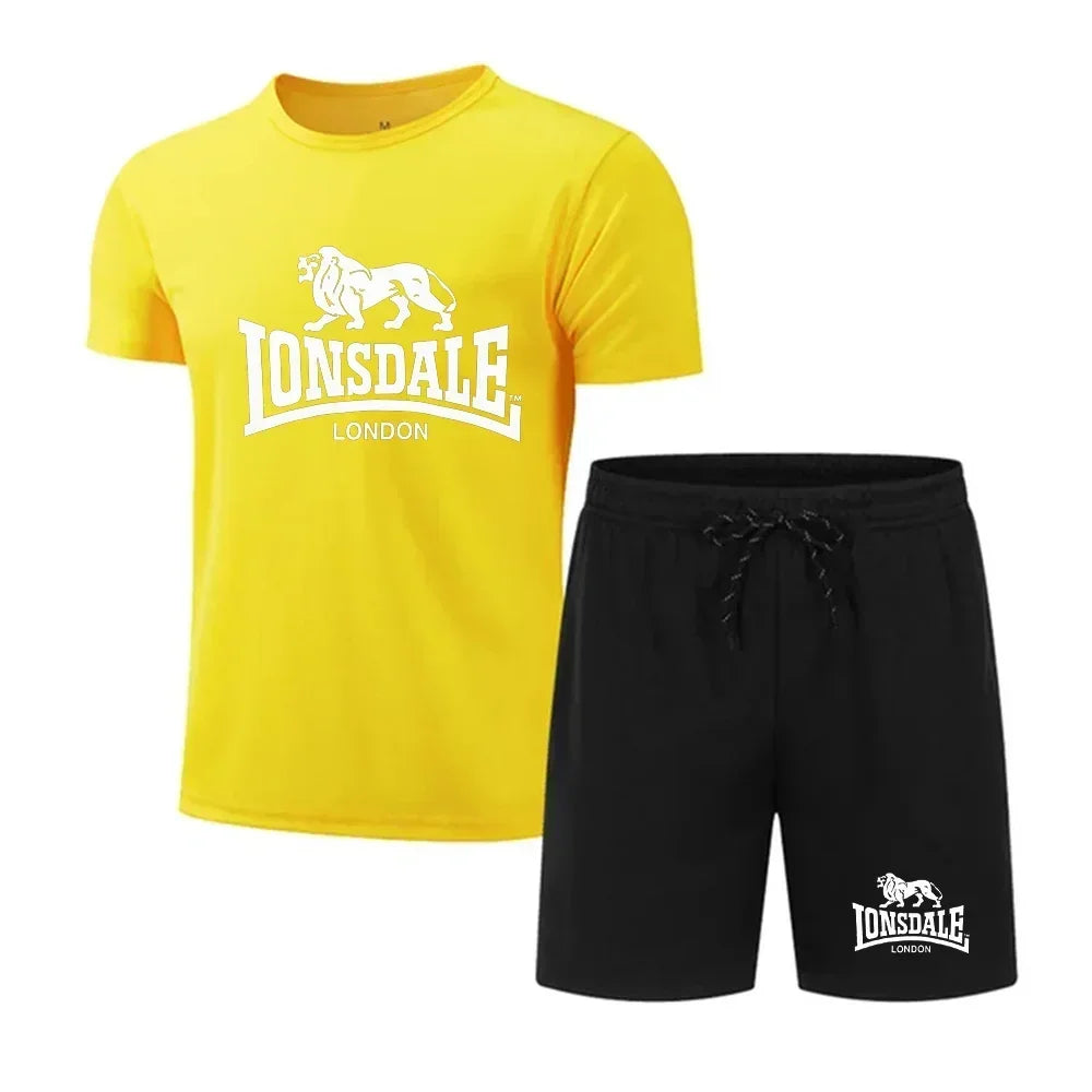 Men's summer T-shirt+shorts mesh set Lonsdale printed quick drying breathable sports set short jogging gym casual sportswear