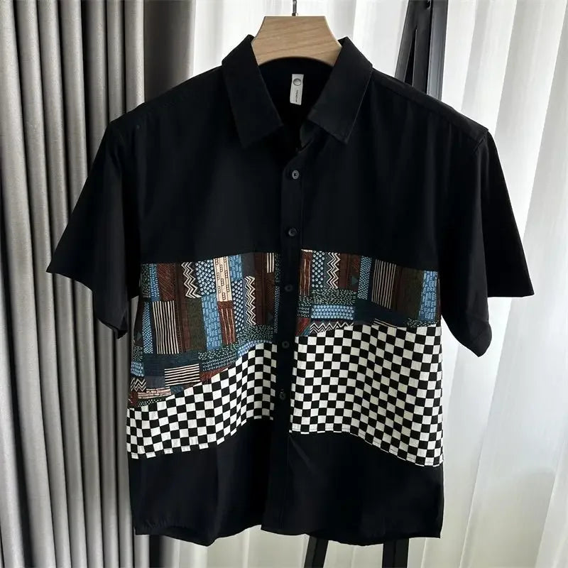 2025 New Japanese Retro Contrasting Colors Summer Plaid Spliced short-sleeved Shirt Men's Casual Clothes