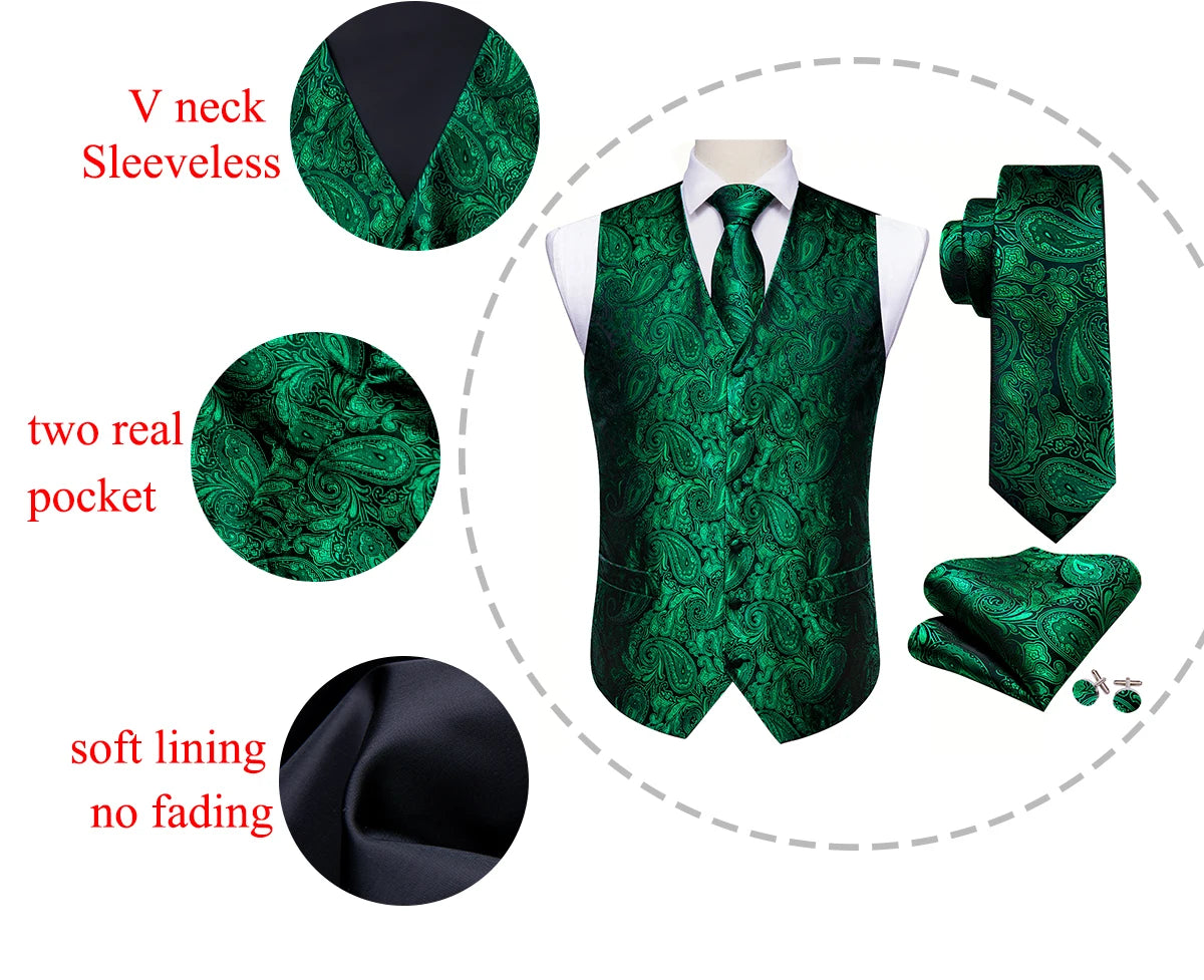 Elegant Vest for Men Silk Green Paisley Plaid Flower Slim Fit Male Suit Embroidered Waistcoat Dress Formal Jacket Barry Wang