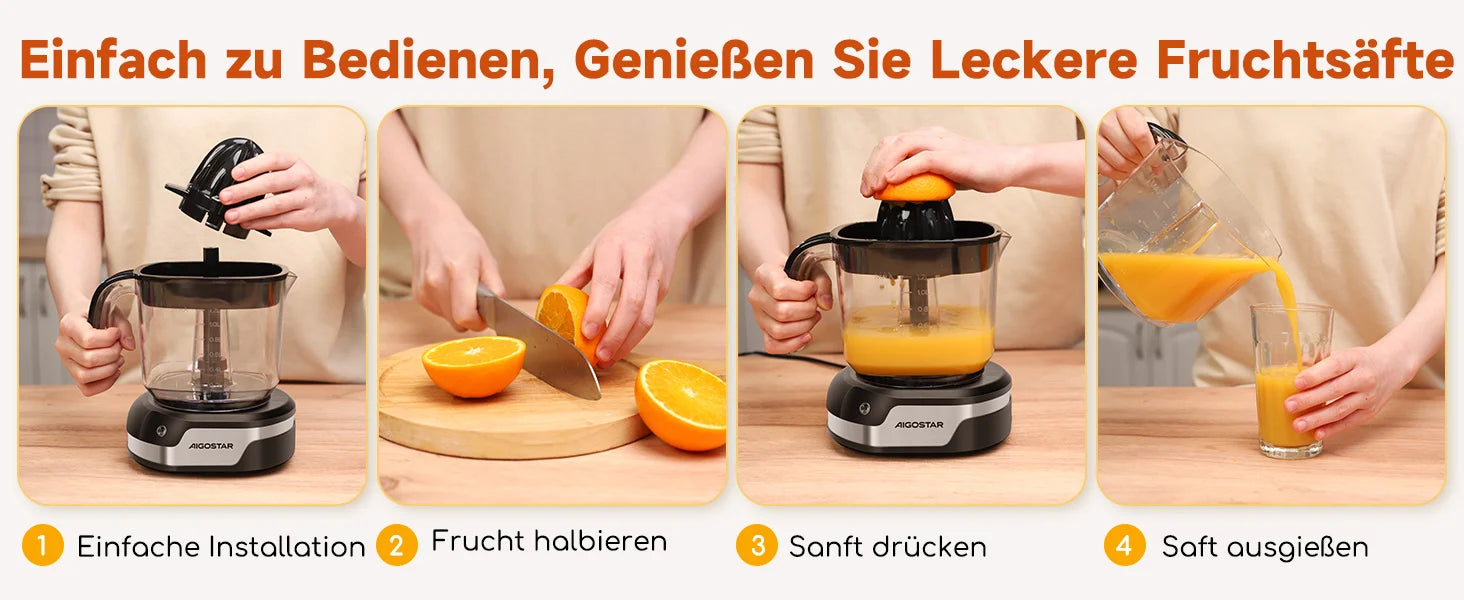 Aigostar Electric Citrus Juicer, 1.2L Large Capacity Juicer with LED Work Light and 2 Removable Cones, Lemon Squeezer for Orange