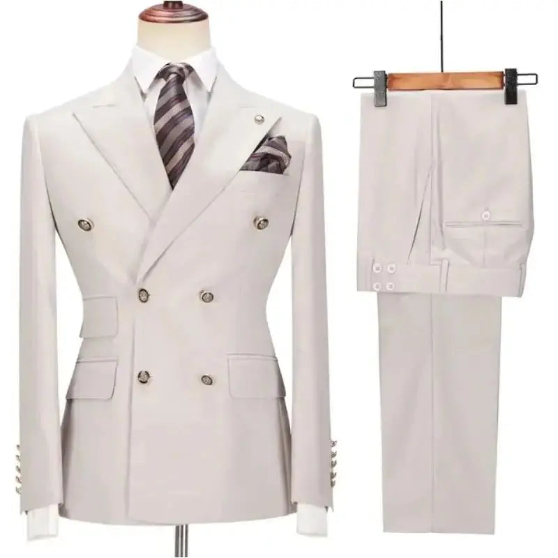 Men Suit 2 Pieces Beige Double Breasted Solid Color For Business Casual Wedding Groom Banquet Work Tuxedo Set Jacket With Pants