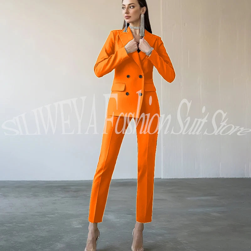 Fashion Chic Burgundy Red Purple Women Suit Double Breasted 2 Piece Jacket Pants Blazer Set Slim Fit Office Lady Female Clothing