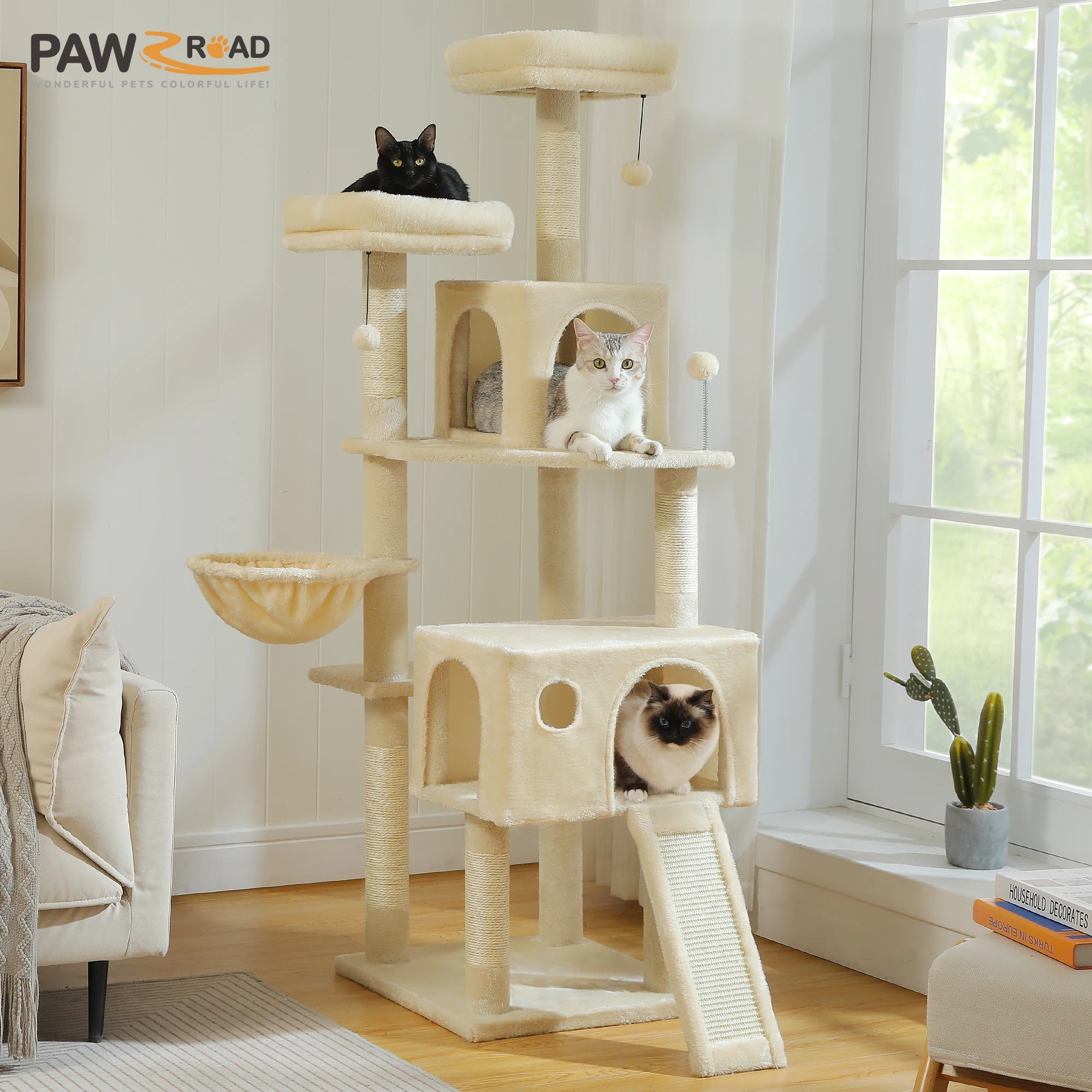 Stable&Safe Multi-Level Cat Tree Tower with Cozy Condo,Scratching Posts&Boards,Perches,Hammock,Pompoms for Active Cats,Cat Toys