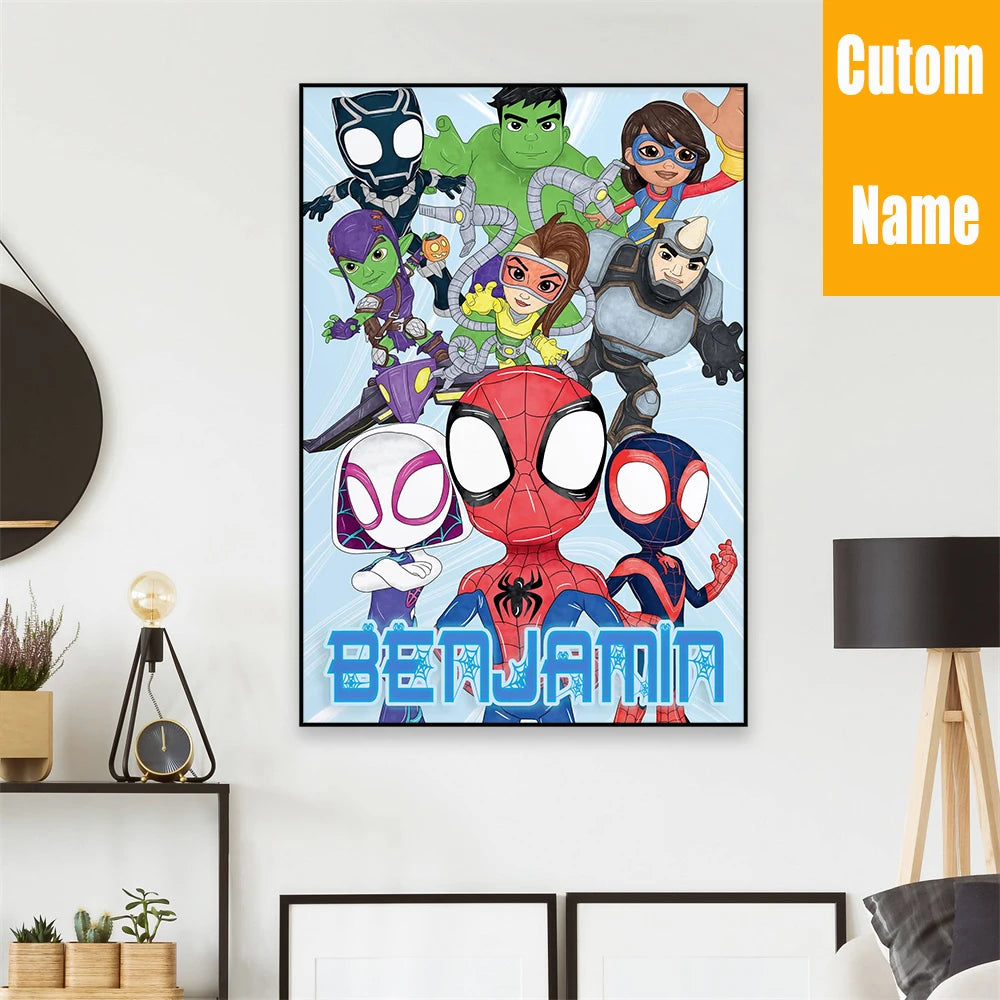 Custom Name Colorful Spidey & Friends Print Kids Boys Playroom Poster Decor Superhero Nursery Wall Art Home Decor