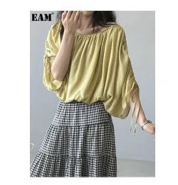 EAM Gray Pleated Big Size Casual Blazer Women New Lapel Short Sleeve Loose Fit Jacket Fashion Tide Spring Autumn 2025 30A1735