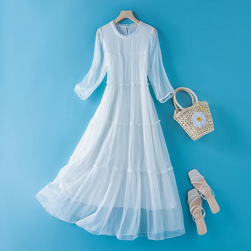 Winsleter, 100%Real Silk Elegant Dresses, Women Half Sleeve ONeck Ruched, Beach Vacation OL Dress, 2024 Summer Autumn D46910QM