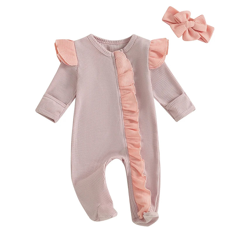 2024-05-11 Lioraitiin Baby Girls Outfit, Long Sleeve Crew Neck Frills Zipped Contrast Color Footies and Headband Fall Clothes