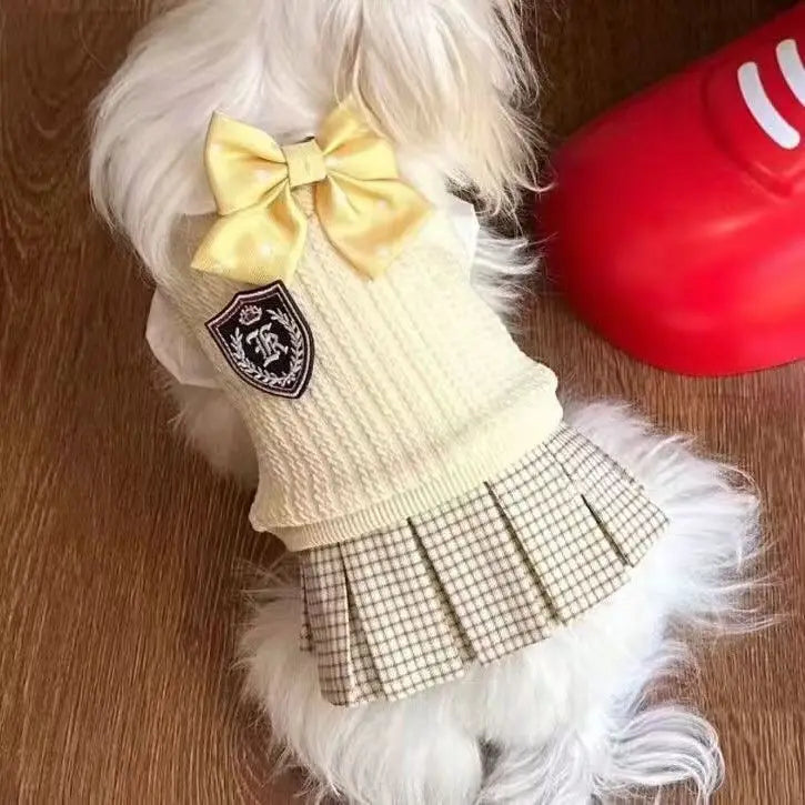 Plaid Pet Sweater For Cats & Small Dogs | Warm Spring Knit Dress With Adjustable Bow Tie | Cute College Style Outfit