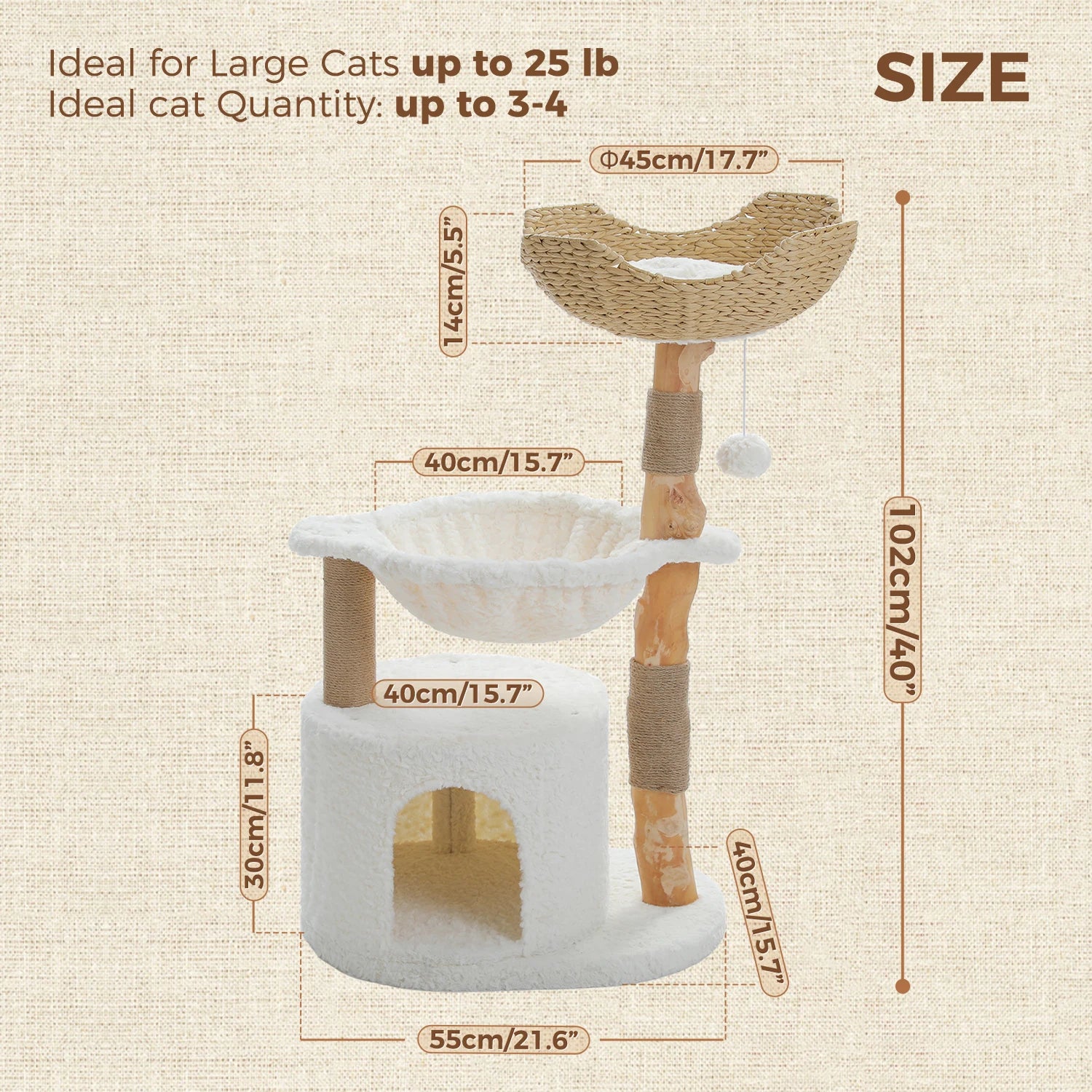 Modern Cat Tree Tower with Natural Solid Wood Scratching Posts Spacious Wicker Basket Luxury Cat Condo Bed for Indoor Cat Toys