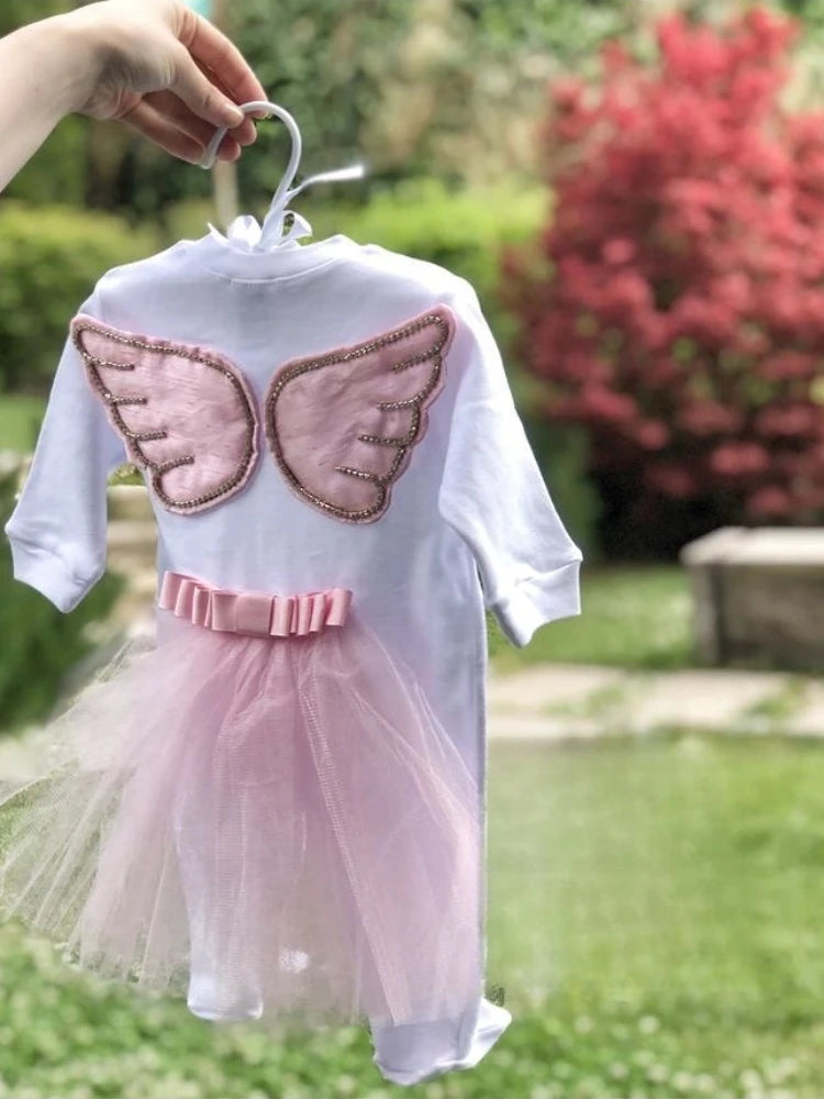 Dollbling 5pcs Wings Outfits Any Name Personalized Sweetwood Embroidery Gift Set Baby Pajamas Hat Welcome Home Ceremonial dress