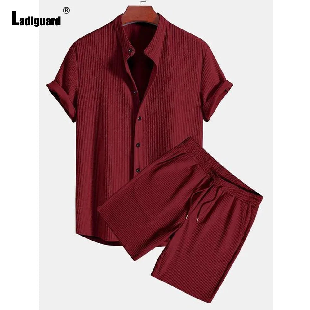 Men Casual Knitted Two Piece Sets 2024 Europe Style Mandarin Collar Blouse and Solid Basic Shorts Suit Male Beach Tracksuits Set