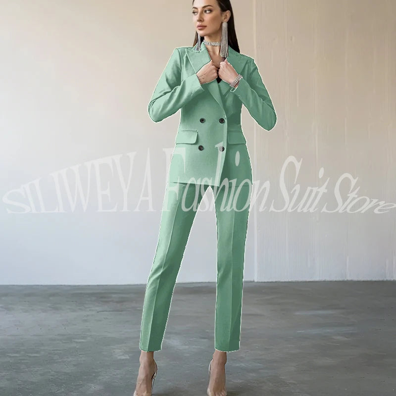 Fashion Chic Burgundy Red Purple Women Suit Double Breasted 2 Piece Jacket Pants Blazer Set Slim Fit Office Lady Female Clothing