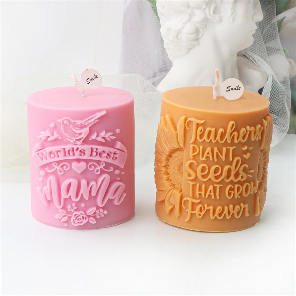 Thanksgiving Best Dad Mam with Baby Letter Cylinder Pillar Candle Mould DIY Sunflower Candle Mother's Day Decor Silicone Mold