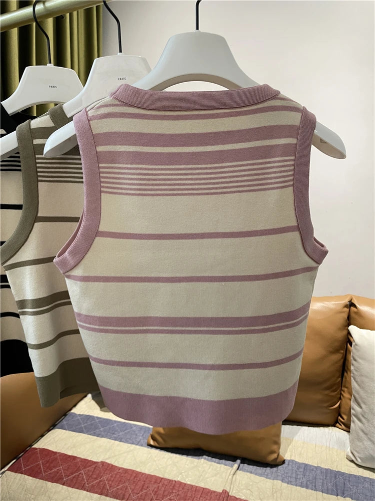 New Fashion Blocking Korean Style Crop Tops Knitted Striped Vest Women's Sleeveless Round Neck Versatile Tank Tops Ladies Basic