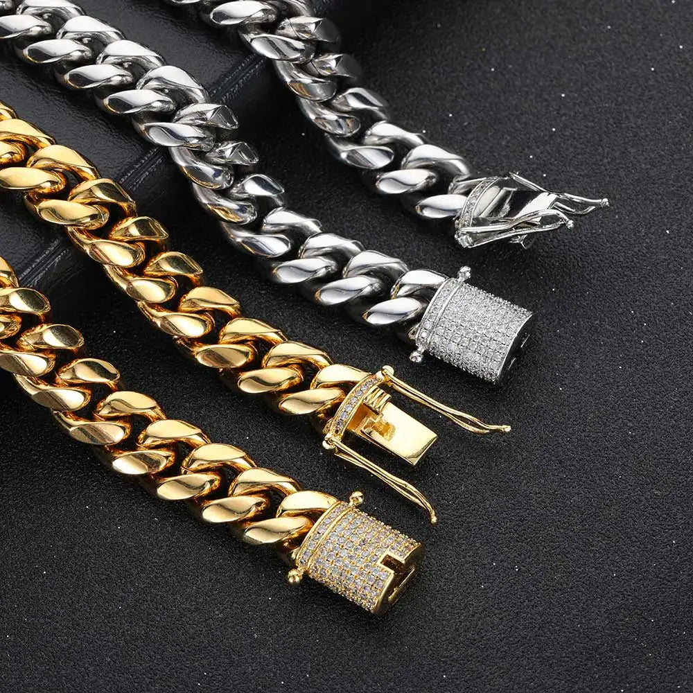 6-16mm Iced Clasp Cuban Link Chain Miami Stainless Steel Necklace Hip Hop Jewelry Gift for Men Women