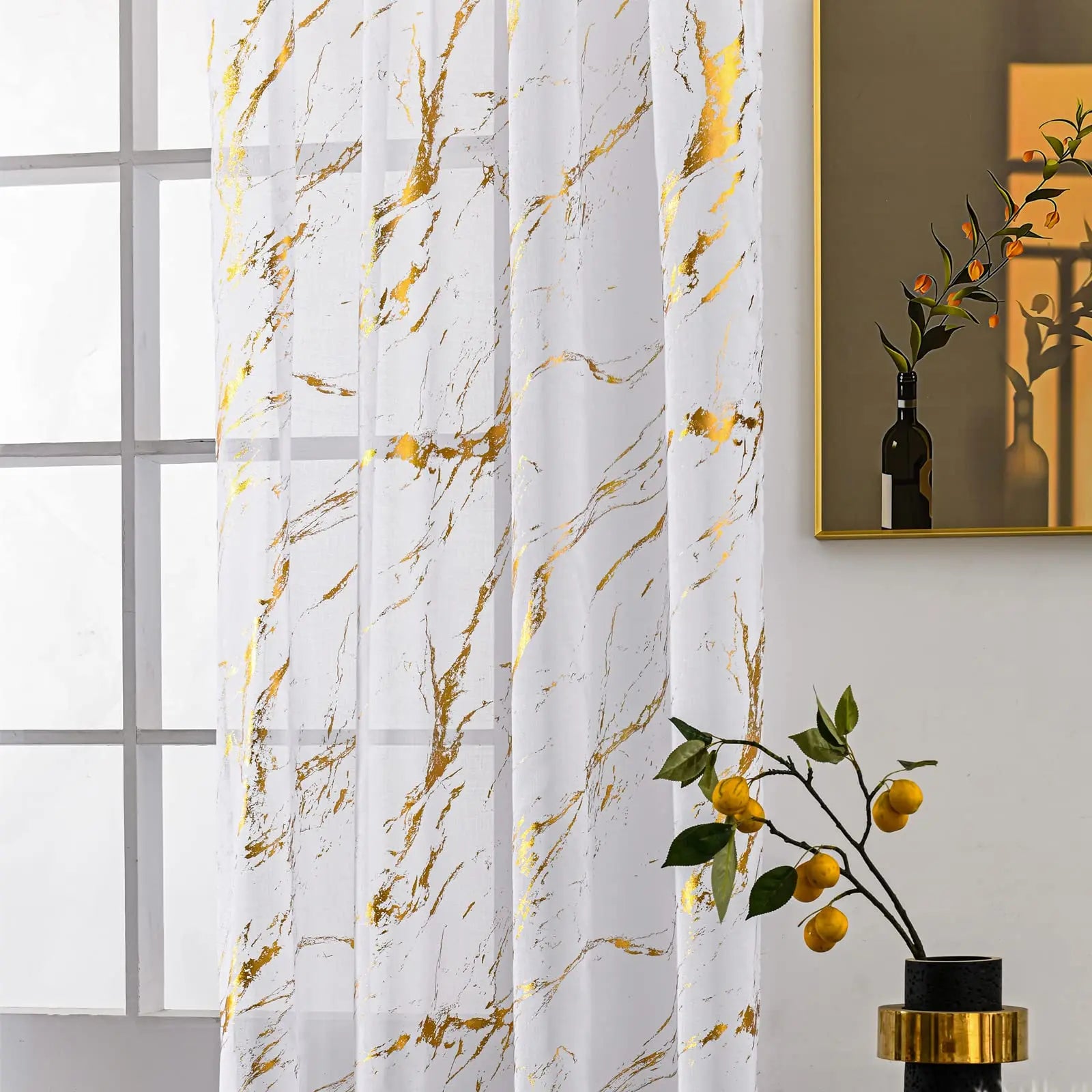 Marble White Sheer Curtains Gold Foil Print Metallic Bronzing, Privacy Window Treatment Decor Abstract Drape for Bedroom Kitchen