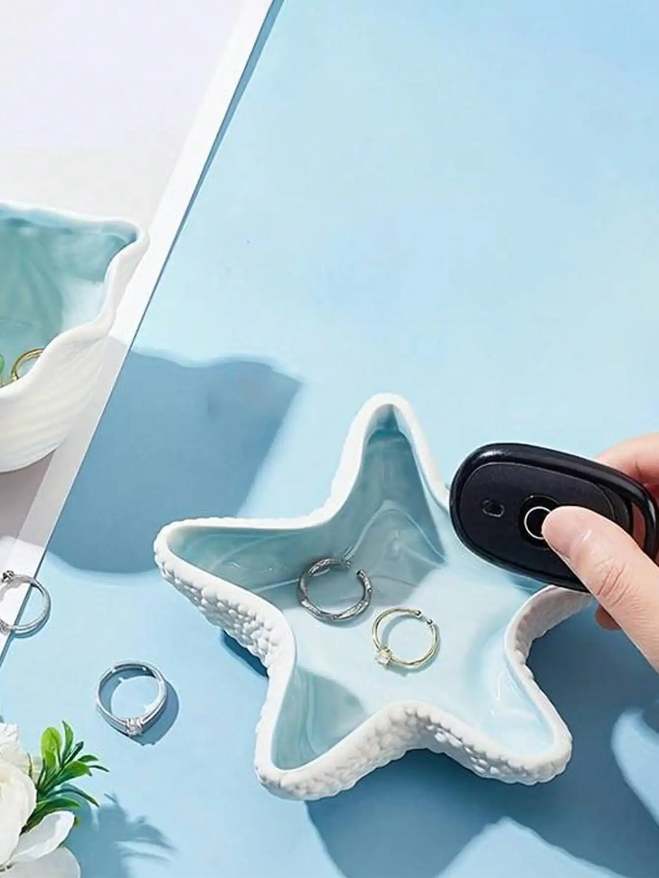 Plateau à bijoux en forme de coquille bleu ciel 1 pièce et bol à clés, un plateau de rangement de bijoux en céramique. Cadeaux d'anniversaire Graduation