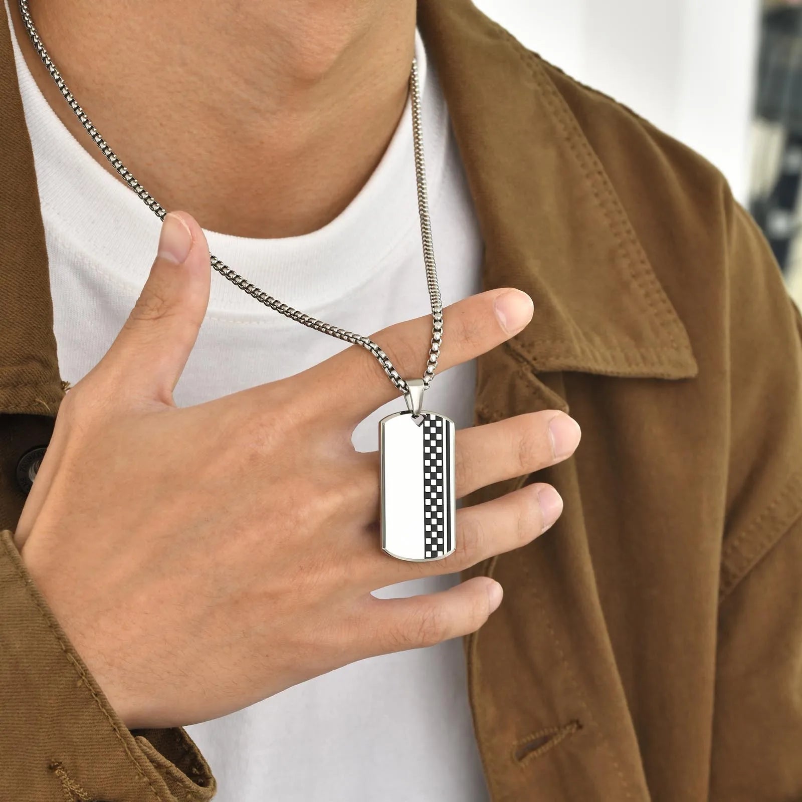 Stylish Dog Tag Necklace for Men Boys,Wateproof Chessboard Stainless Steel Necklace,Trendy Jewelry Gift to Him